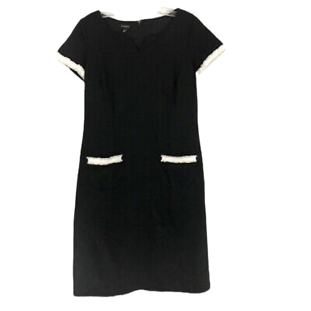 Talbots Womens Shift Dress Black White Fringe Accents Pockets Stretch Size 2